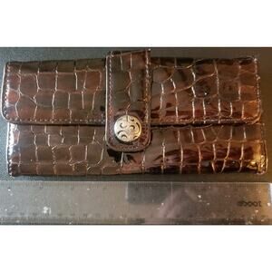 Brighton Glossy Patent Croc Leather Silver/brown Organizer ID, Zip Coin Wallet